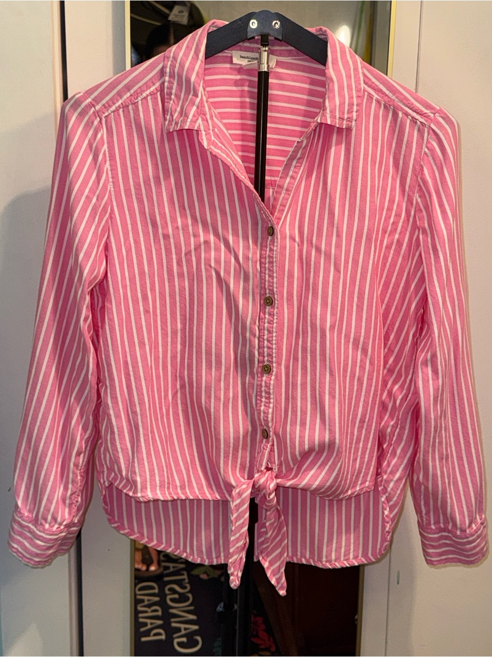 BeachLunchLounge Pink White Striped Tie Front Button Down Shirt Small